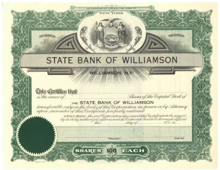 State Bank Of Williamson.  Stock Certificate.  York.