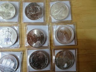 10 Different Silver Ounce Coins,  mostly foreign,  just one USA, 3
