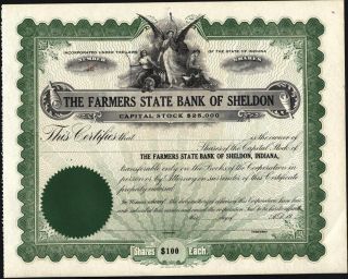 Farmers State Bank Of Sheldon,  Indiana,  19 - -,  Unissued,  Crisp Stock Certificate