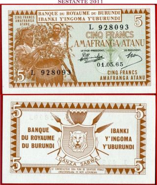 (com) Burundi - 5 Francs / Amafranga 1.  5.  1965 - Scarce - P 8 - Unc