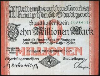 Stuttgart 1923 10 Million Mark Inflation Notgeld German Banknote