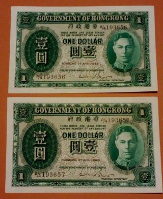 Hong Kong - Couple 2 1 Dollar 1949 Consecutive Numbers - P 324a Gem Unc