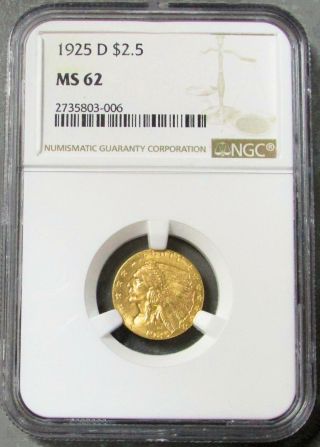 1925 D Gold Us $2.  5 Indian Head Quarter Eagle Coin Ngc State 62