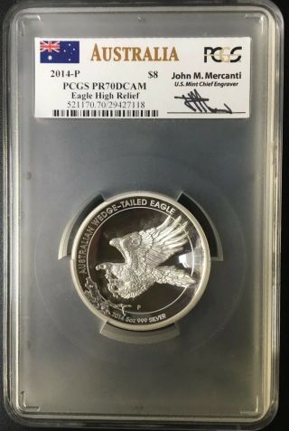 2014 - P $8 5oz Silver Wedge Tailed Eagle High Relief Pcgs Pr70 Dcam Mercanti