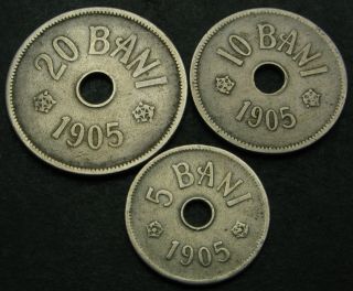 Romania 5,  10,  20 Bani 1905 - Copper/nickel - 3 Coins.  - 2743