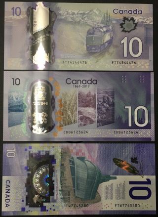 Canada $10 Ten Dollar Polymer Bank Notes 3 Designs,  3 Consecutive,  UNC 2