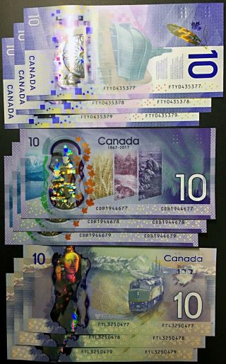 Canada $10 Ten Dollar Polymer Bank Notes 3 Designs,  3 Consecutive,  UNC 3
