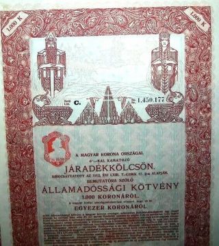 Hungary 1912 Hungarian Jaradekkolcson 1000 Koronarol Unc Bond Loan Stock Share