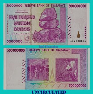 $500 Million Zimbabwe Dollar Uncirculated.  Money Currency 10 20 50 100 Trillion
