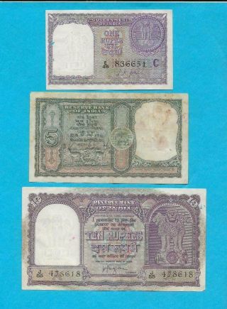 Three Different India Notes - 1,  5,  And 10 Rupee