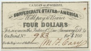 Civil War Confederate $100 Bond C.  S.  Loan 1861 $4 Coupon Richmond Va 983
