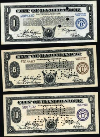 City Of Hamtramck,  Michigan Depression Scrip,  1933 & 1934,  $1,  $5,  $10