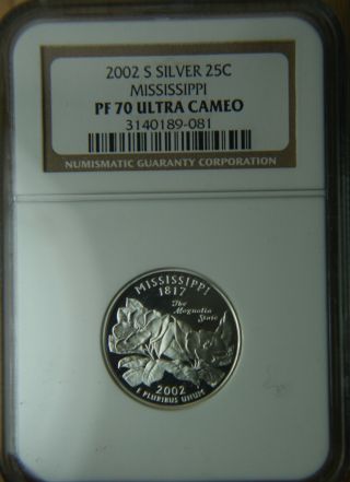 2002 - S Silver Proof Quarter Mississippi - 25c - Ngc Pf70 Ultra Cameo