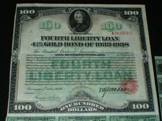 WWI US $100 One Hundred Dollars Fourth Liberty Loan 4 1/4 Gold Bond 1933 - 1938 2