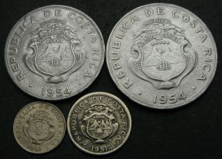 COSTA RICA 5,  10 Centimos & 1,  2 Colones 1951/1954 - 4 Coins.  - 2647 2