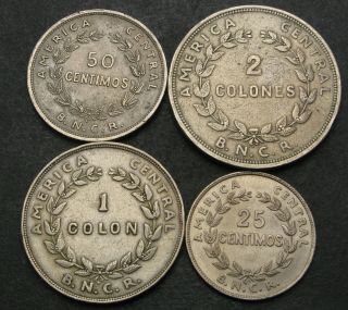 Costa Rica 25,  50 Centimos & 1,  2 Colones 1948 - 4 Coins.  - 2645