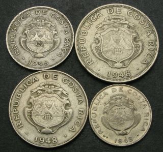 COSTA RICA 25,  50 Centimos & 1,  2 Colones 1948 - 4 Coins.  - 2645 2