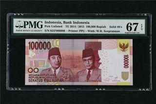 2014 / 2015 Indonesia Bank 100000 Rupiah Pick Unlisted Pmg 67 Epq Unc Solid 8 