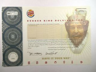 Burger King Holdings,  Inc. ,  2000s Odd Shrs Specimen Stock Certificate,  Xf