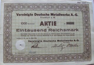 Vintage 1000 Reichsmarks Bond United German Metal Work,  1934