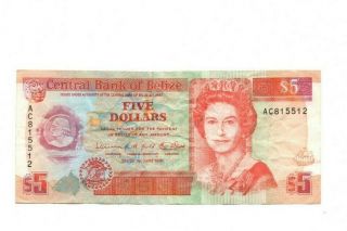 Bank Of Belize 5 Dollars 1991 Vg