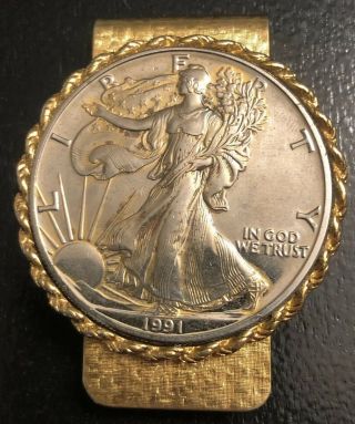 1991 Walking Liberty 1oz Silver Coin Money Clip - Gold Plated -
