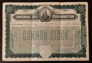 1921 Imperial Oil Corporation Stock Certificate Common Shares Stamp Usa