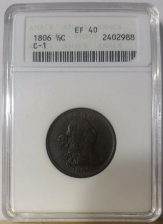 1806 Draped Bust Half Cent Small 6 Stemless Anacs Ef 40 C - 1 Xf 40