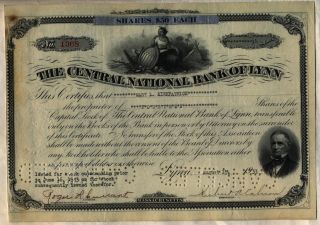 Central National Bank Of Lynn Stock Certificate Massachusetts