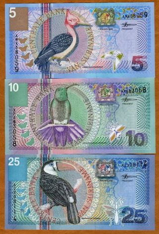 Set Suriname / Surinam,  5;10;25 Gulden,  2000,  P - 146;147;148 Unc Birds,  Flowers