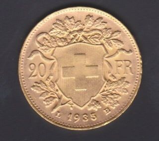 1935 Swiss Gold 20 Francs Helvetia,  Quality