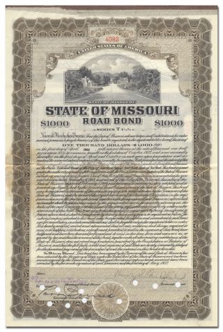 Missouri Road Bond Certificate Signed By Governor Henry Caulfield Park