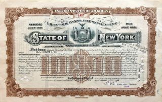 State Of York 1948 Canal Improvement Loan $10,  000 Bond Certificate