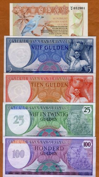 Set Suriname,  2.  5;5;10;25;100 Gulden 1963 - 1985,  P - 119 - 120 - 121 - 127 - 128 Unc
