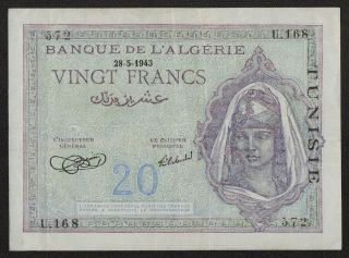 Tunisia (p17) 20 Francs 1943 28.  5 Vf,