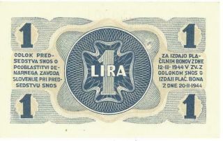 Yugoslavia 1 Liro WWII Occupation Banknote 1944 CU 2