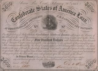 " Confederate States Of America Loan " 500 Dollars Bond,  2.  20.  1863,  Choice Extra Fine