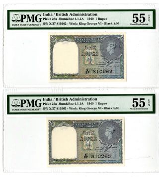 Government Of India,  Nd (1940) Sequential Banknote Pair 1 Rupee,  P - 25a,  Jhun1.  1a