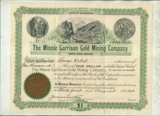 1896 Minnie Garrison Gold Mining Company Washington Stock Certificate Issue 10