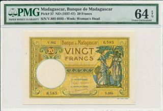 Banque De Madagascar Madagascar 20 Francs Nd (1937 - 47) S/no 8850585 Pmg 64epq
