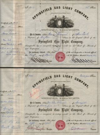 2 Stks Springfield Gas Light Co.  1881 Springfield,  Ma Two Certificates