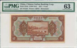Chinese Italian Banking Corp.  China 5 Yuan 1921 S/no Xxx333 Pmg 63