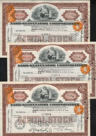 3 Stks Nash - Kelvinator Corp.  (cars) 1953 Brown Dutch Revenue Tax Stamps