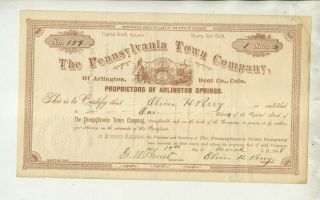 1888 Pennsylvania Town Company Of Arlington Bent Cty Colorado Stock Certificate