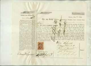 1863 Bay State Steamboat Company Organization Of Company Stock Certificate 50