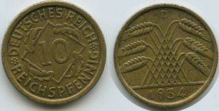 G10715 - Germany Weimar 10 Reichspfennig 1934 D Km 40 Scarce Deutsches Reich