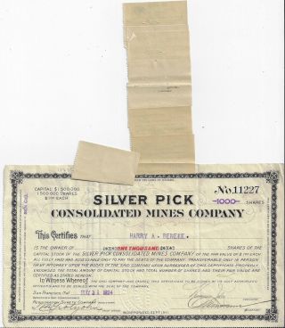 Nevada 1924 Silver Pick Consolidated Mines Company Stock Certifiicate Goldfield