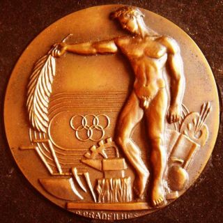 Olympic Games Nude Man Youth & Sports Award Bronze Medal By Pradeilhes In Case