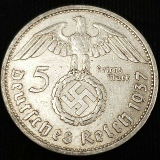 1937 E Germany 5 Reichsmark 13.  8gm.  900 Silver Paul Von Hindenburg Coin 2G5R3731 2