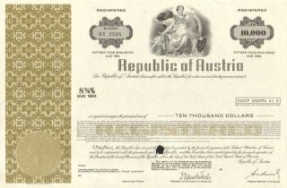Republic Of Austria $10,  000 Austrian Bond Certificate Stock Share